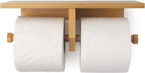 Bathroom Bamboo Double Dual Toilet Paper Holder with Convenience Shelf Tray China Factory - Image 4