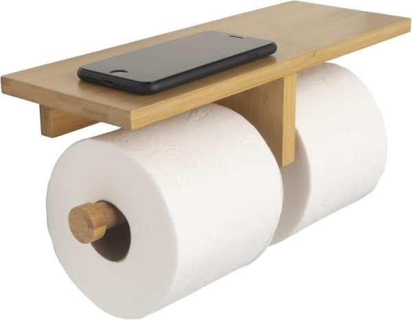 Bathroom Bamboo Double Dual Toilet Paper Holder with Convenience Shelf Tray China Factory