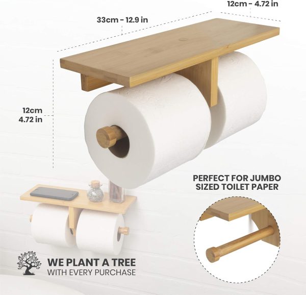 Bathroom Bamboo Double Dual Toilet Paper Holder with Convenience Shelf Tray China Factory - Image 2
