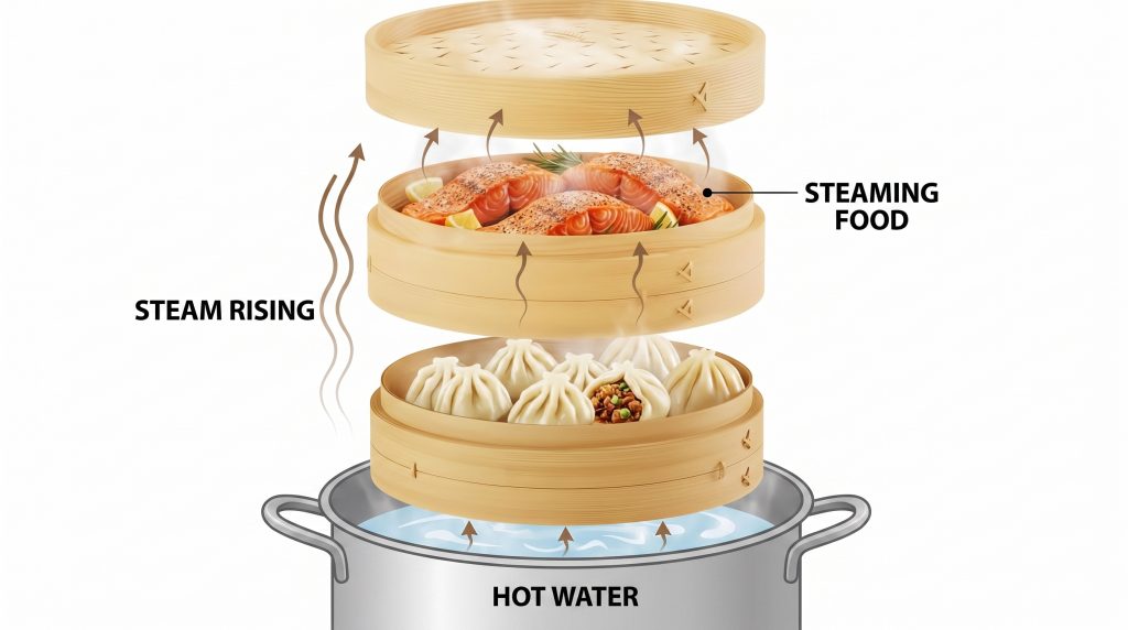 How a bamboo steamer works with steam cooking