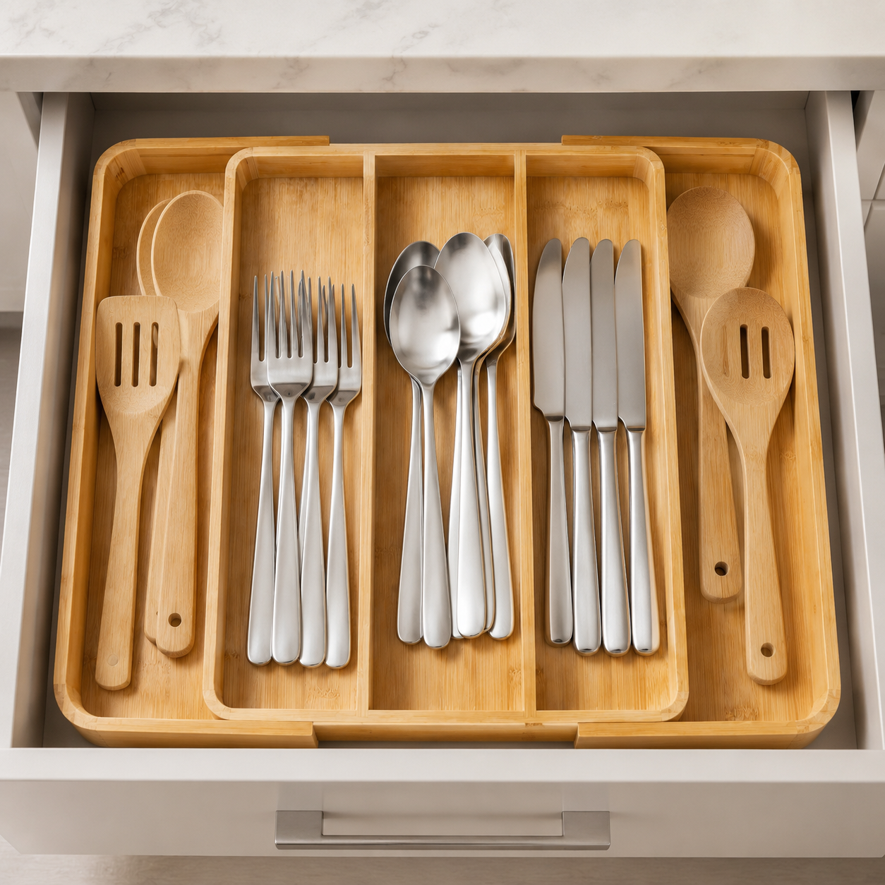 5-compartment expandable bamboo silverware tray organizing unbranded flatware inside a kitchen drawer