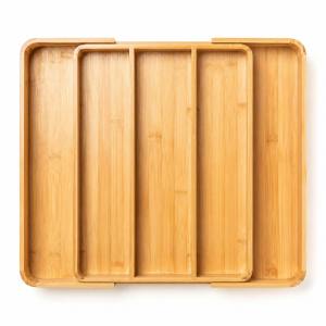 Top view of an expanded five-compartment bamboo silverware tray on a white background