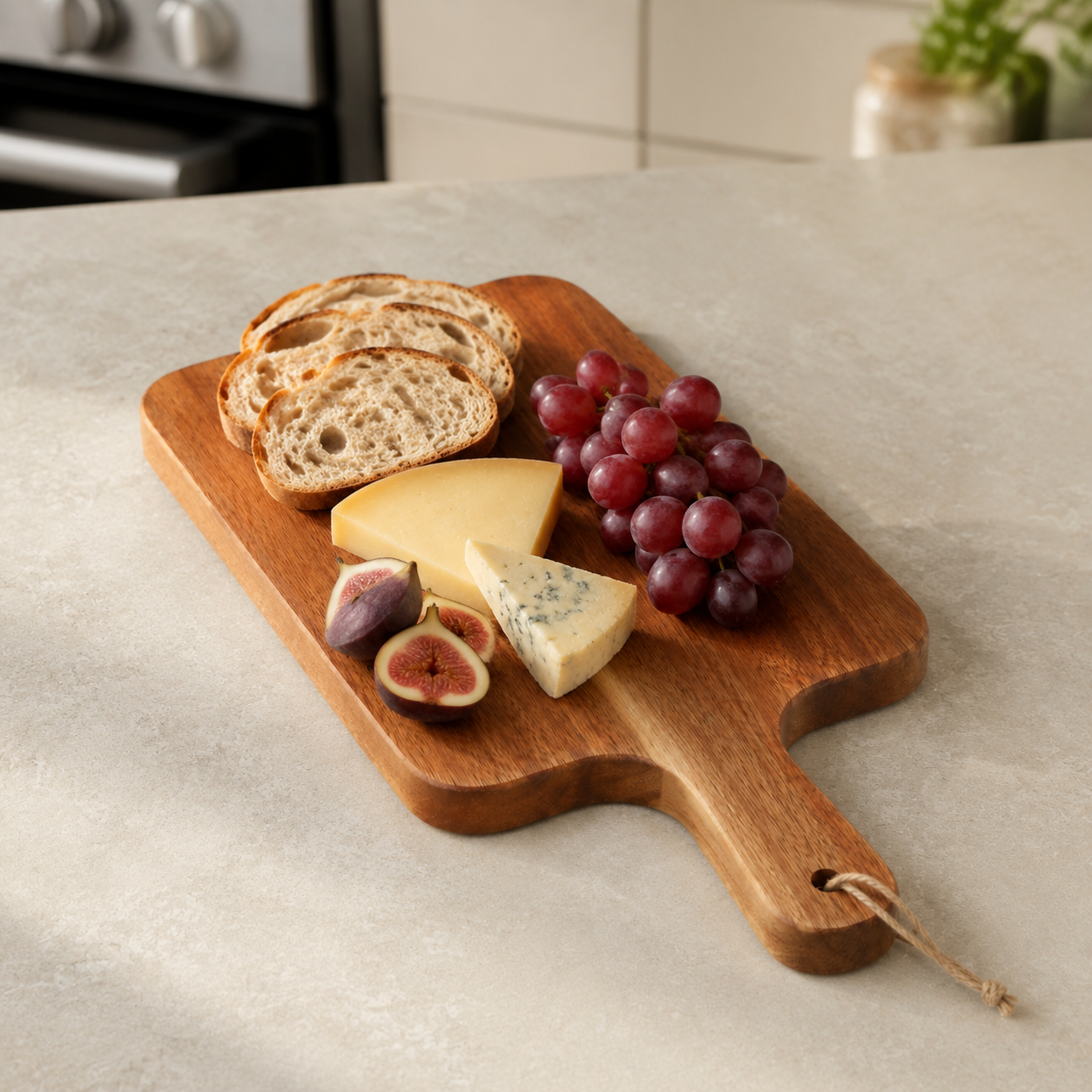 Warm-brown handled serving board with bread, cheese, grapes and figs