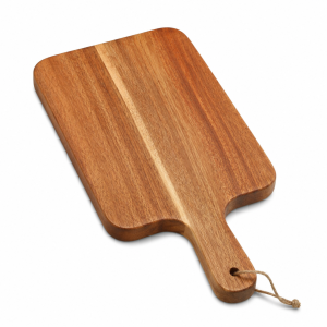 Acacia cutting board with handle product concept on a white studio background