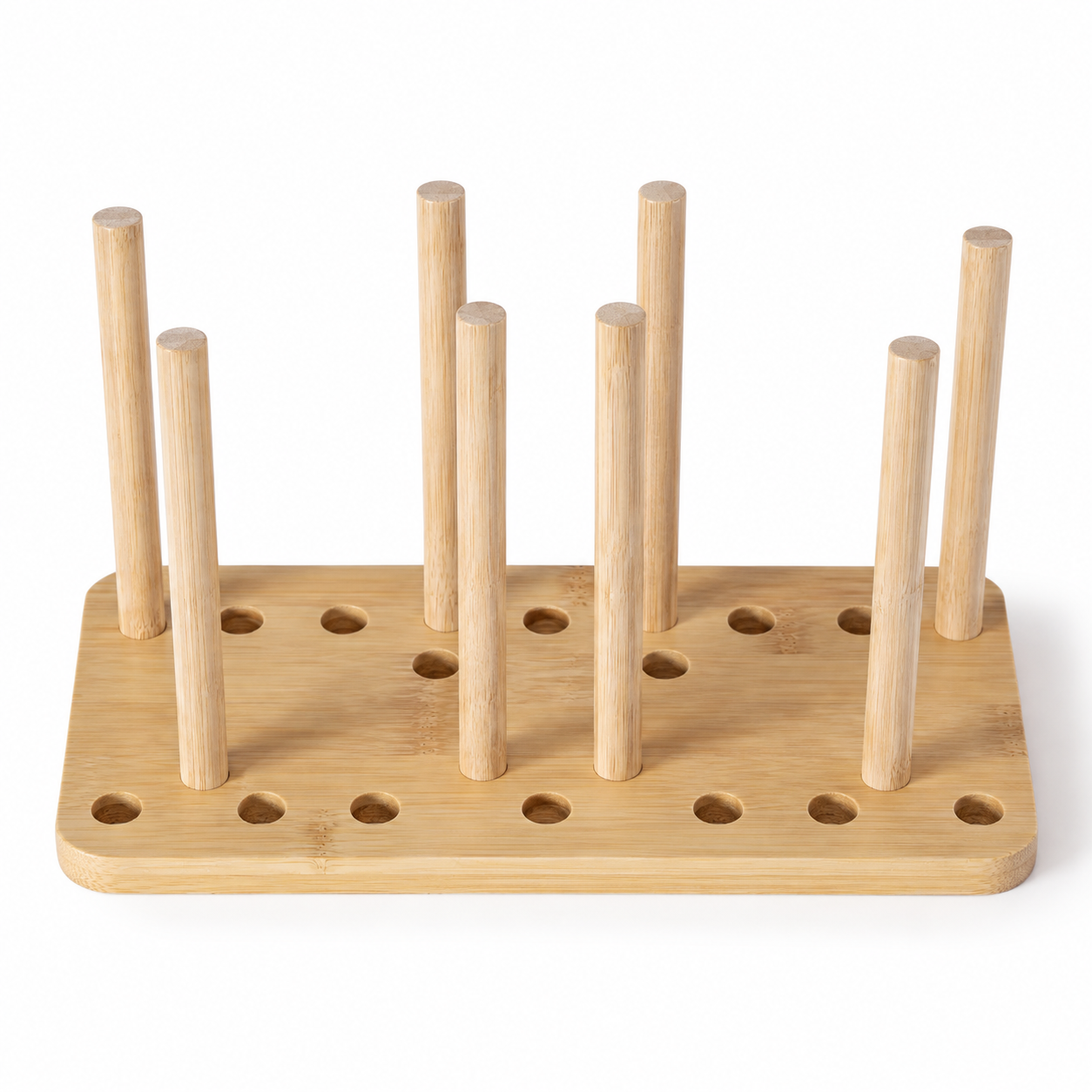 Adjustable Bamboo Tumbler Lid Organizer – Product View Adjustable bamboo tumbler lid organizer with removable pegs and visible base holes