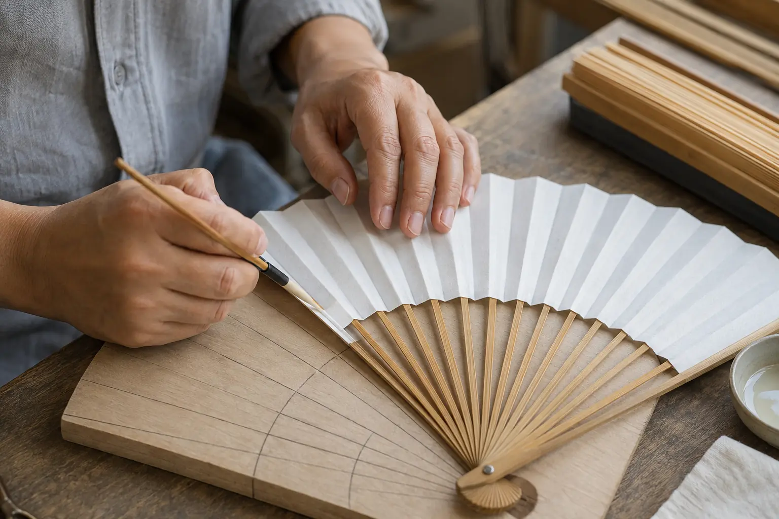 Paper fan leaf being aligned and bonded to evenly spaced bamboo staves on a radial template