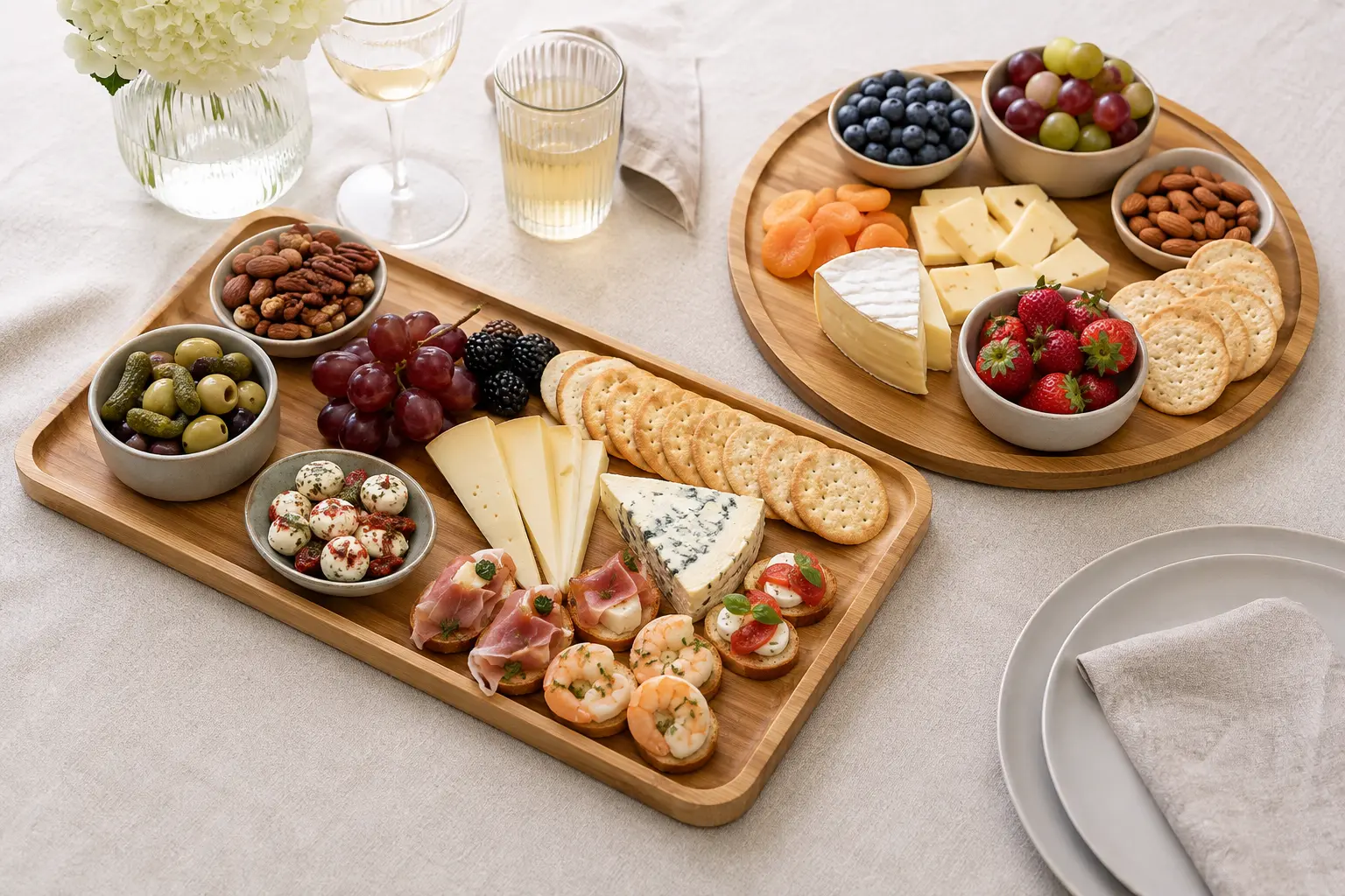 Bamboo appetizer tray with cheese snacks and fruit for catering presentation