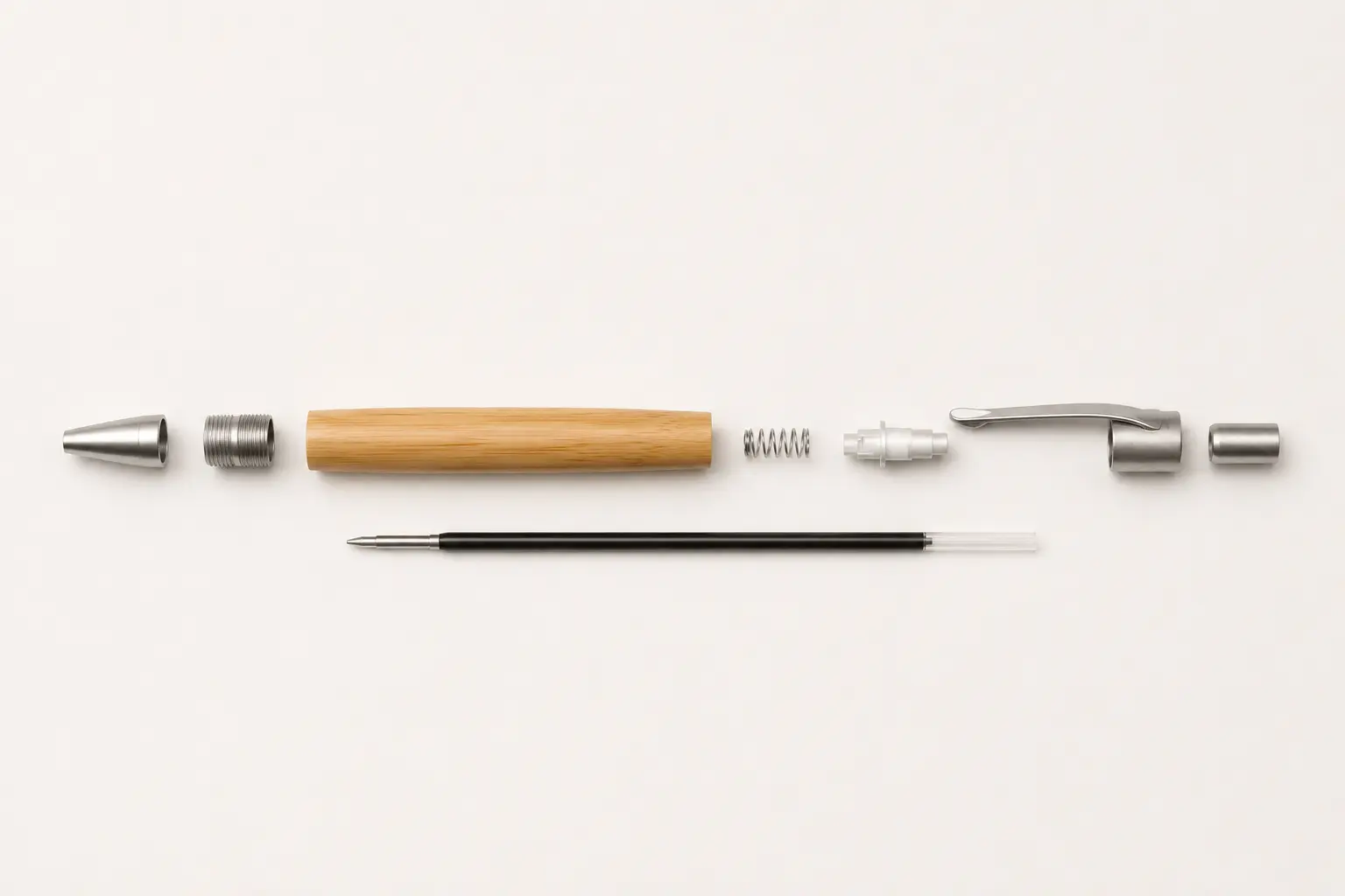 Exploded view of a bamboo ballpoint pen showing barrel clip tip mechanism and refill