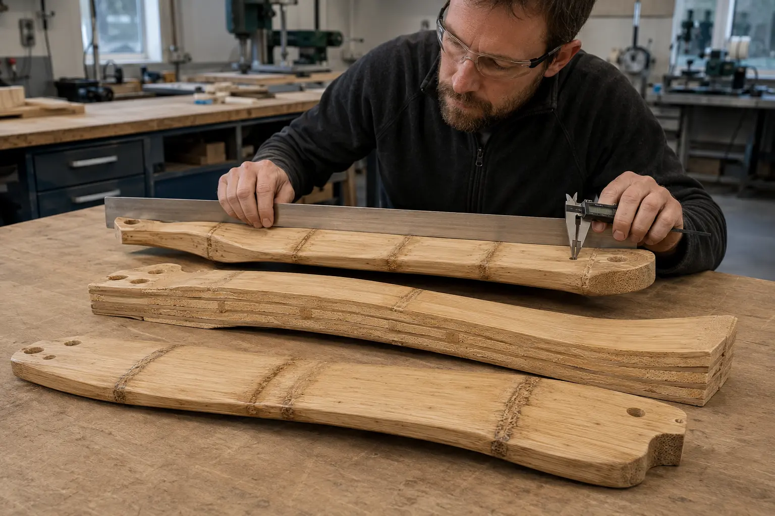 Bamboo nodes, grain and warping checked against tight fan blade manufacturing tolerances