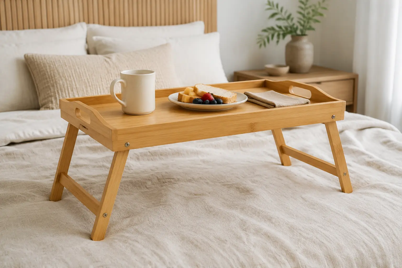 Bamboo breakfast tray with folding legs, raised rim and cut-out handles