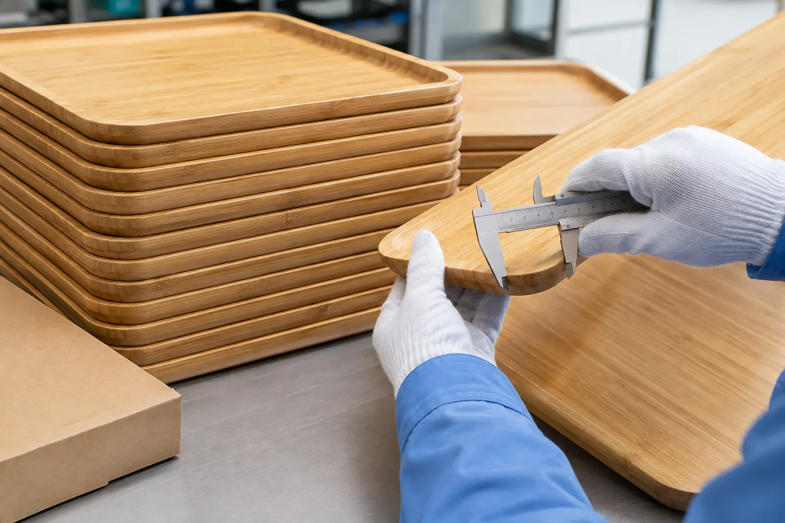 Stacked bamboo cafeteria trays undergoing thickness and edge quality inspection