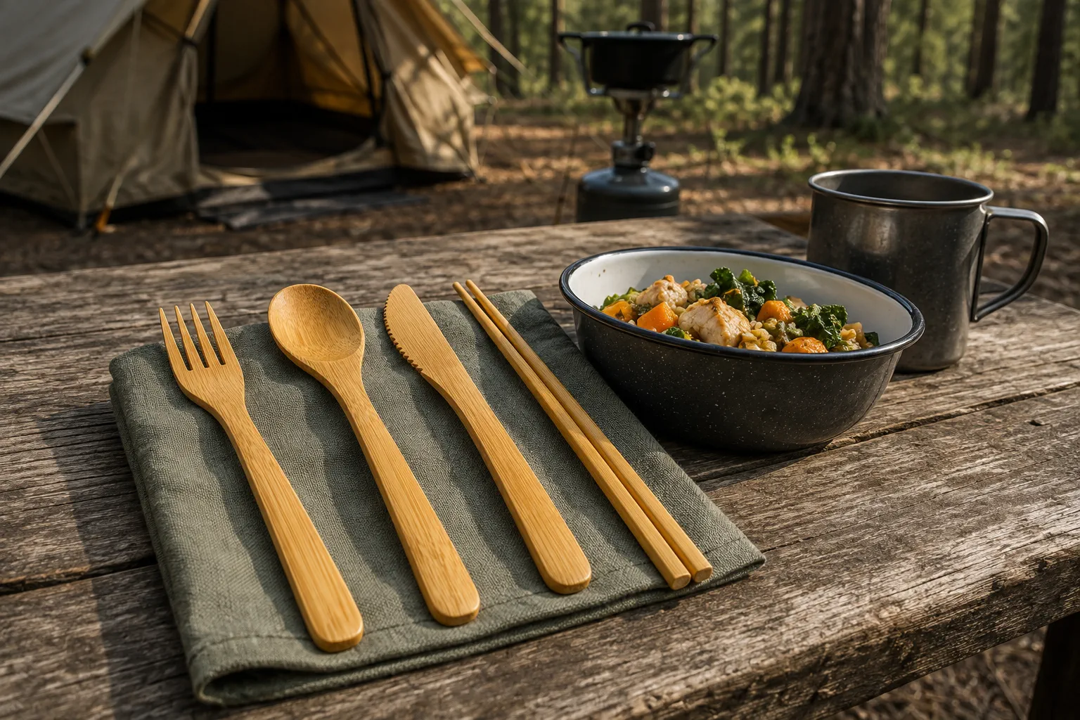 Bamboo camping utensils in a compact pouch beside a camp meal setup on a wooden table