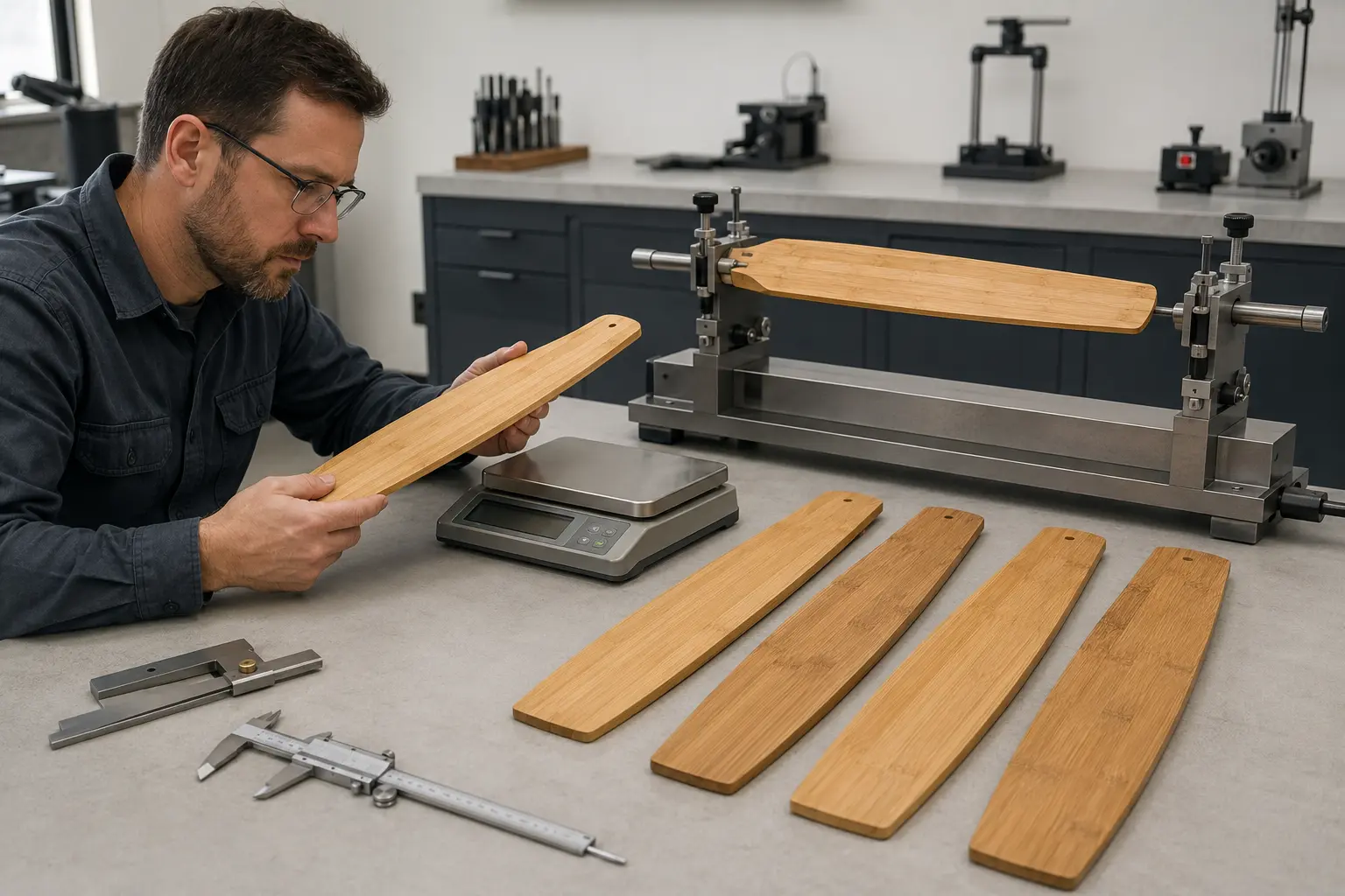 Technician comparing mass, geometry and balance of unmatched solid bamboo blade prototypes