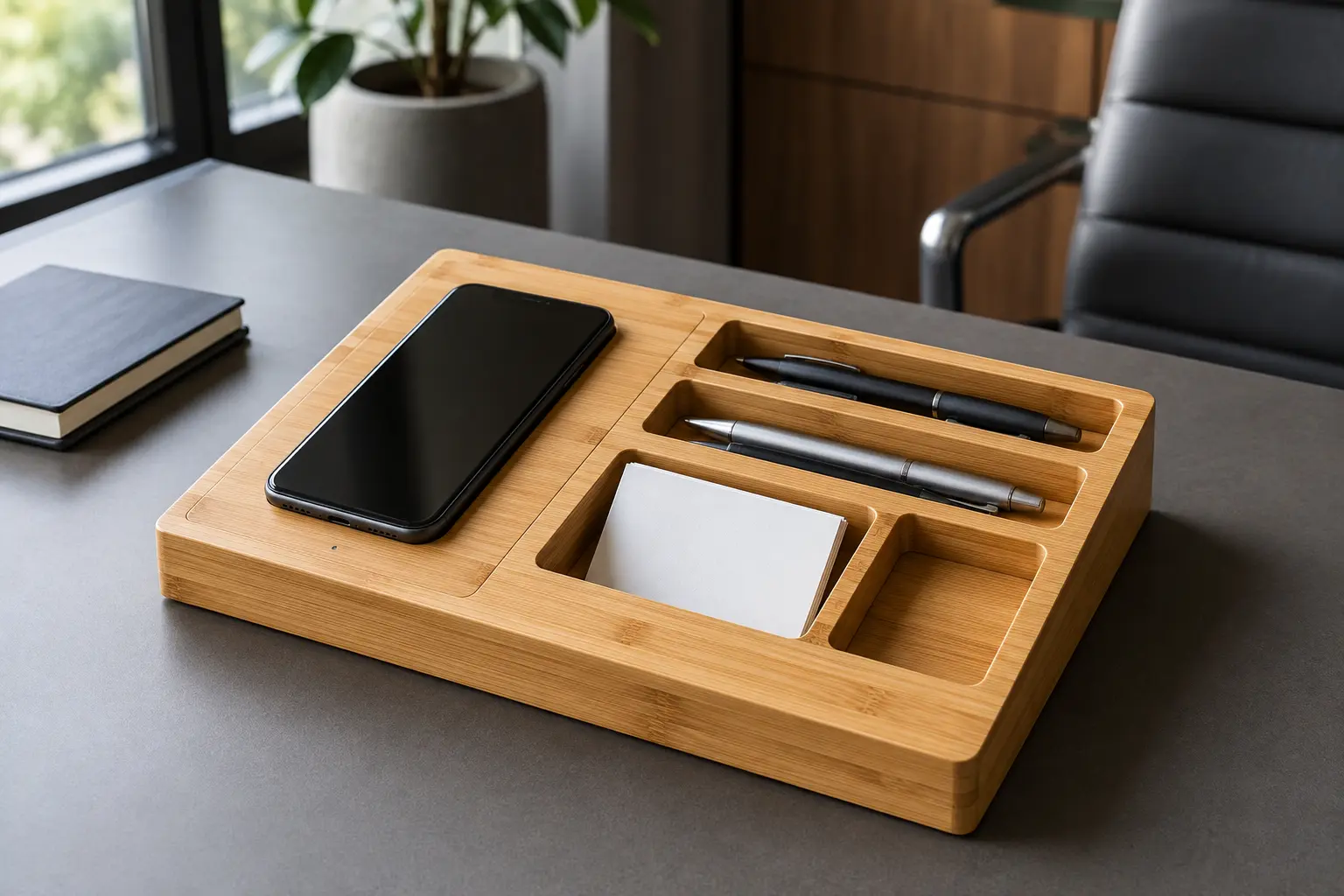 Bamboo charger desk organizer with integrated charging area and compartments for office accessories