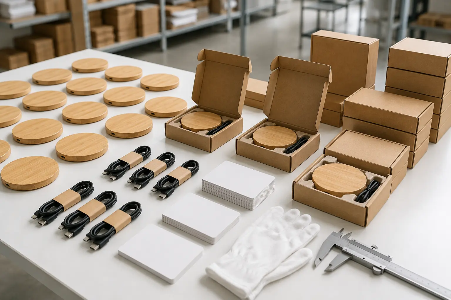Wholesale bamboo charger quality-control and packaging setup with cables, instructions and kraft boxes