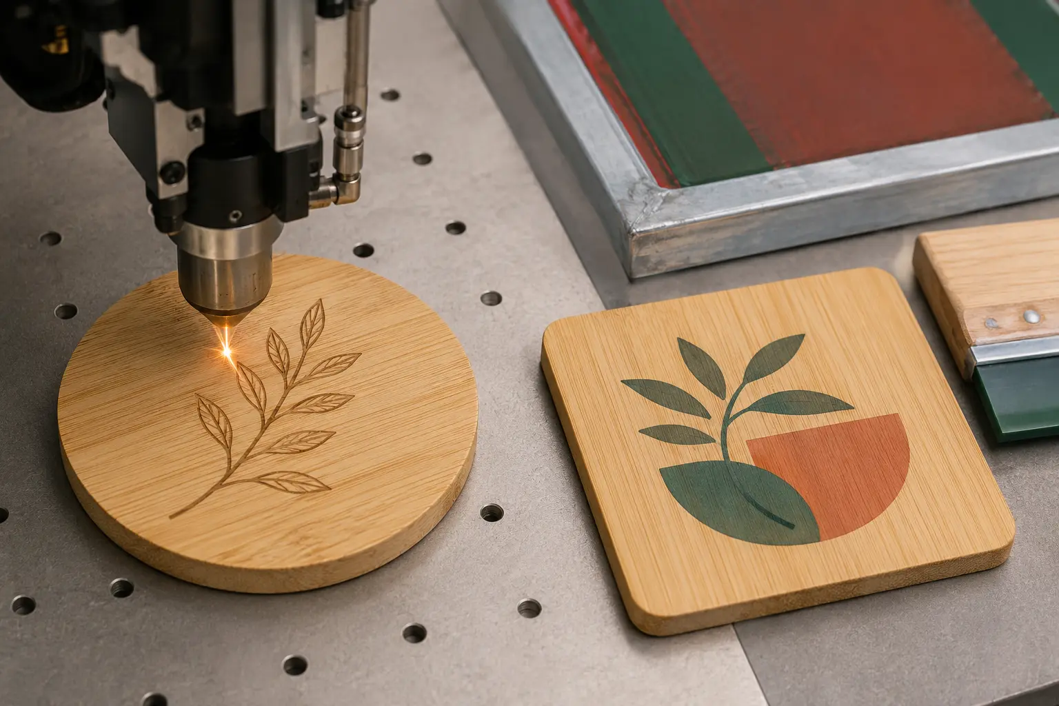 Laser engraving and color printing methods for custom bamboo coasters