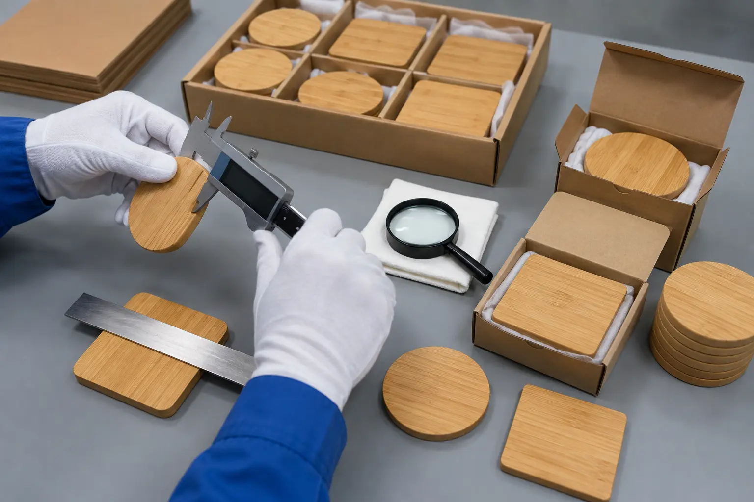 Quality inspection of bamboo coaster dimensions, surfaces, edges and packaging