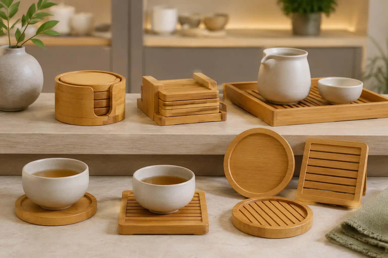 Bamboo coaster collection displayed for retail and hotel tea service