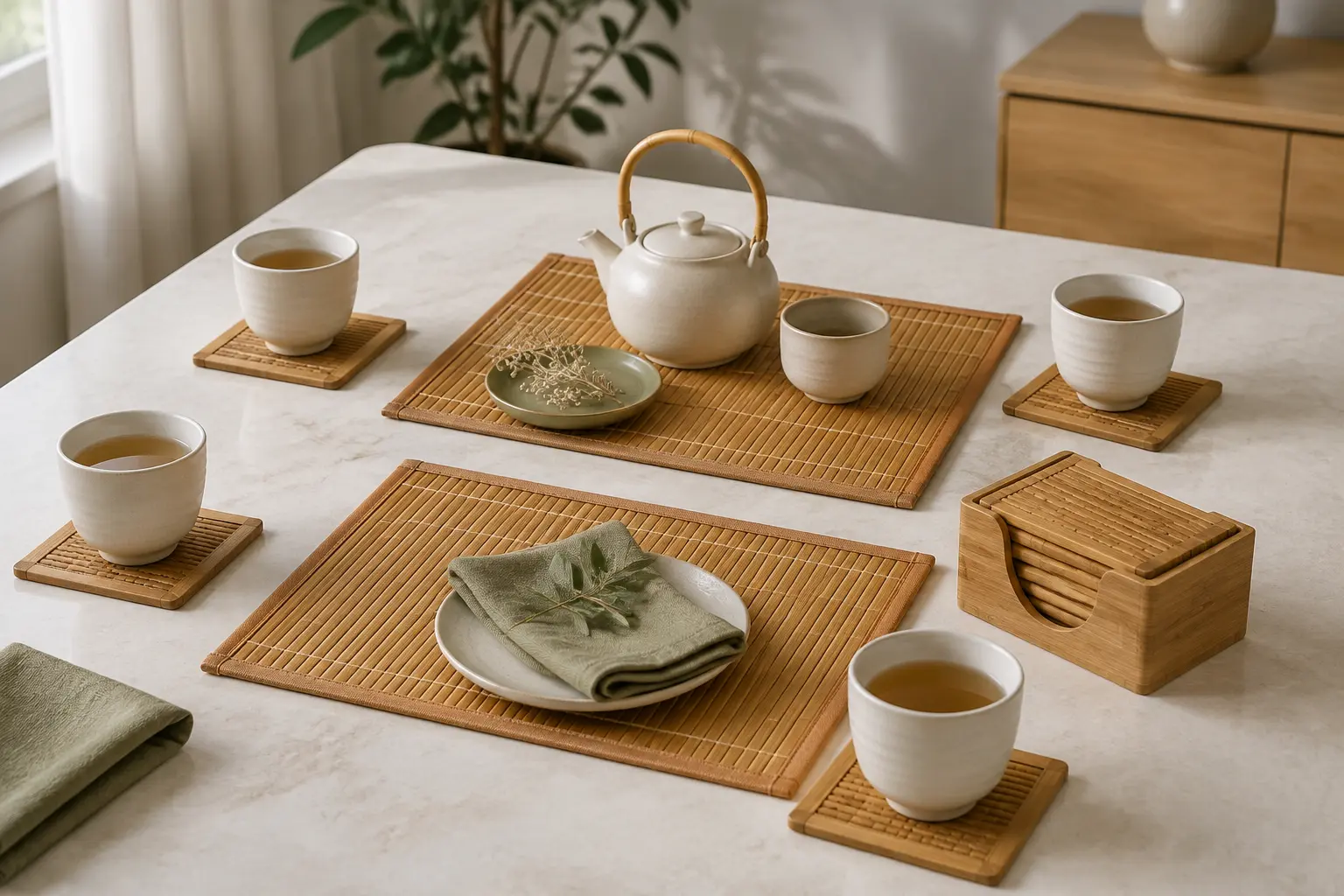 Bamboo coasters and mat sets arranged for tea and light dining