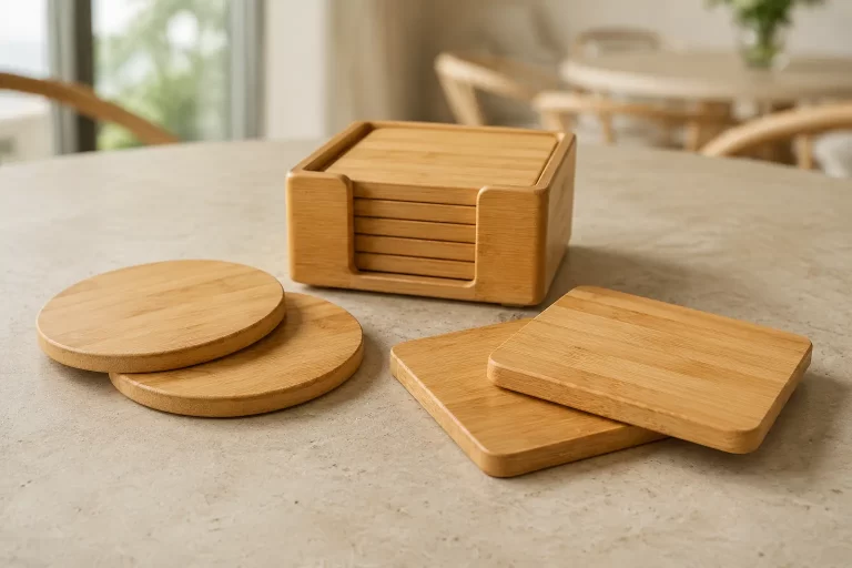 Round and square bamboo coasters with a matching bamboo coaster holder