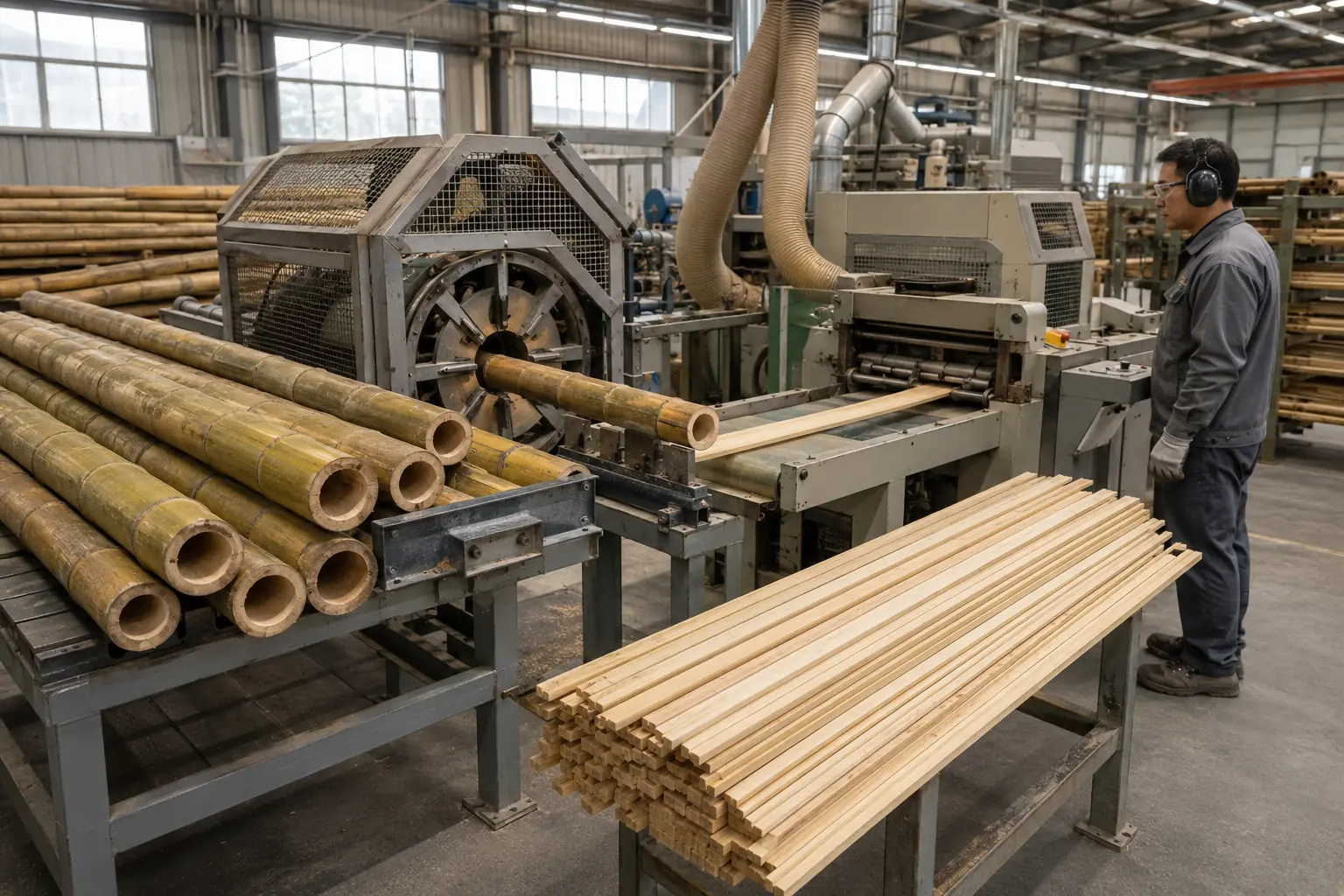 Bamboo culm splitting and strip preparation in a flooring factory