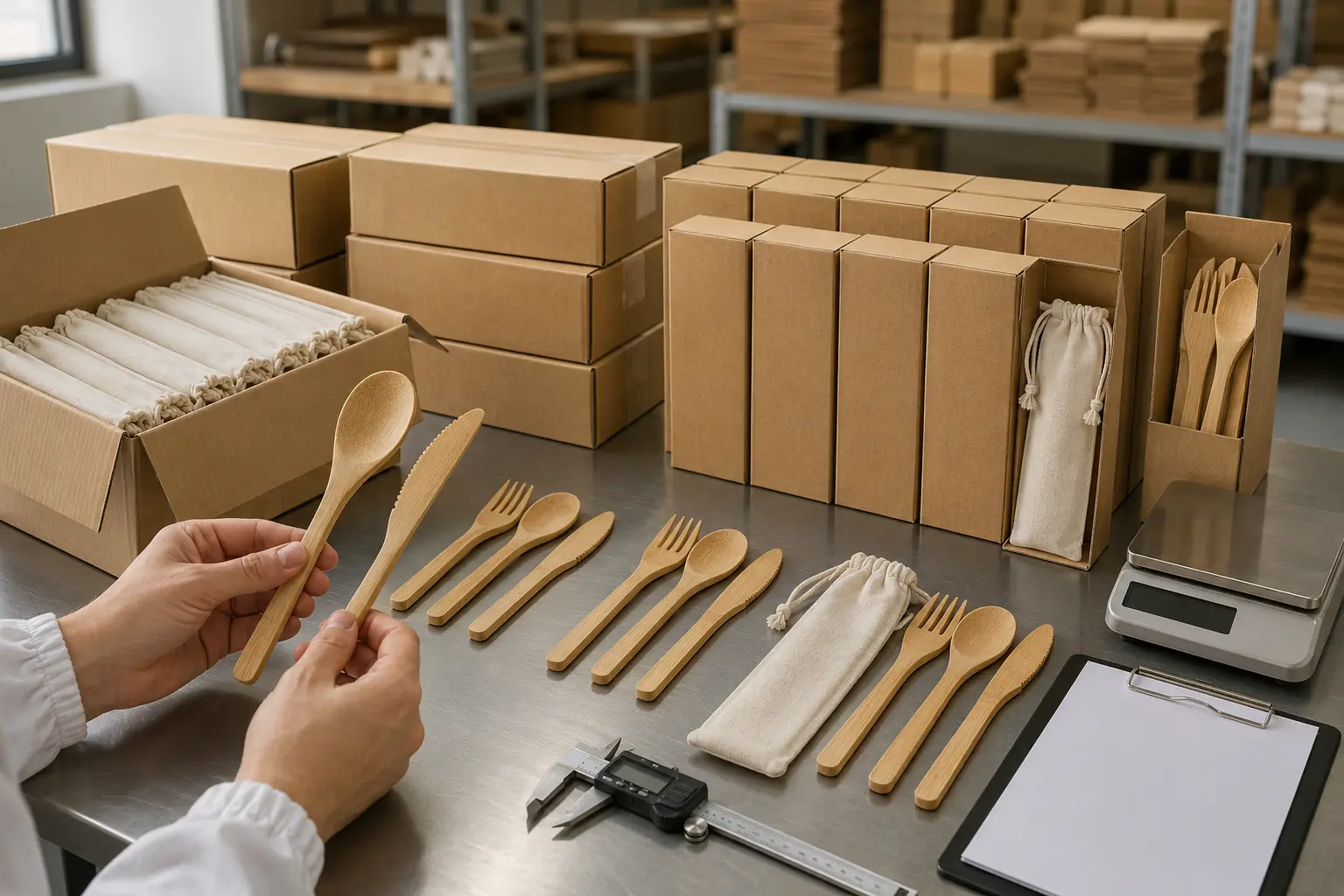 Bamboo cutlery bulk quality-control and packaging setup with cotton pouches kraft boxes and export cartons