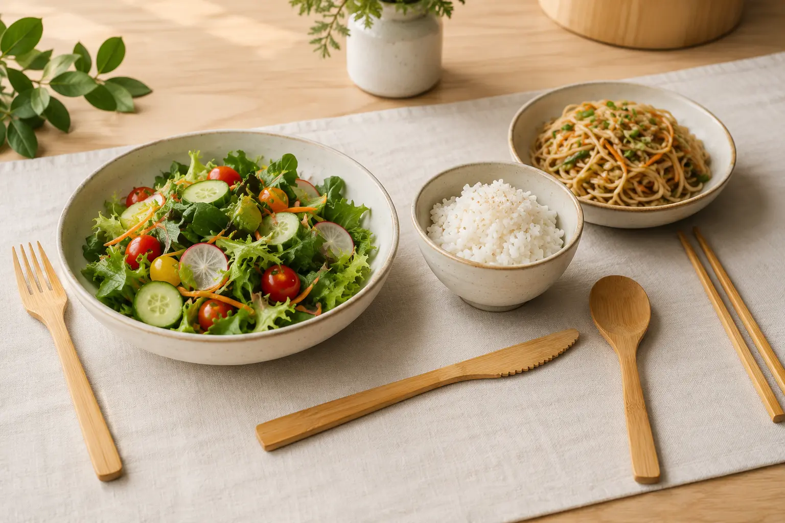 Bamboo cutlery for food served with salad rice and noodles in a coordinated tableware setting