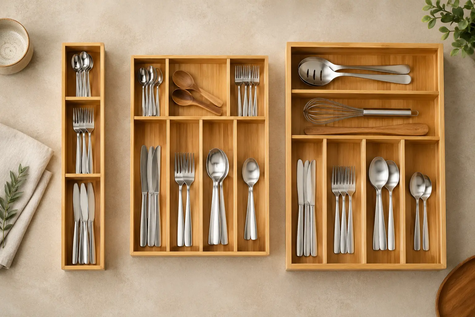 Small large deep and narrow bamboo cutlery tray compartment layouts