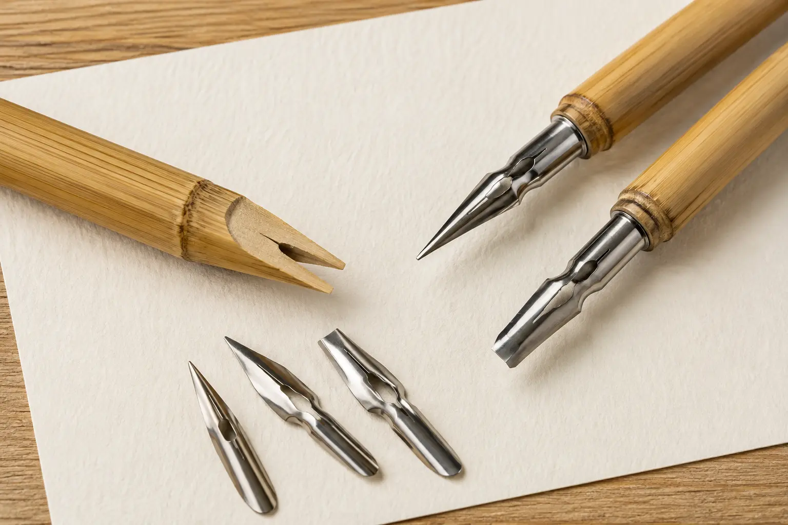 Close-up of a cut bamboo dip pen beside bamboo nib holders fitted with removable metal nibs