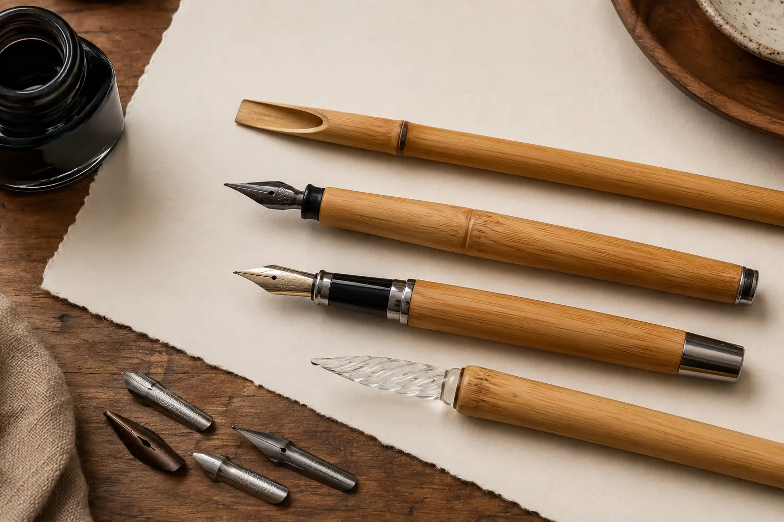 Bamboo dip pens fountain pen metal nibs ink bottle and glass tip arranged on an artist desk