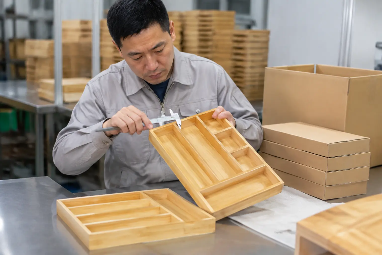 Quality inspection and retail packaging for expandable bamboo drawer trays