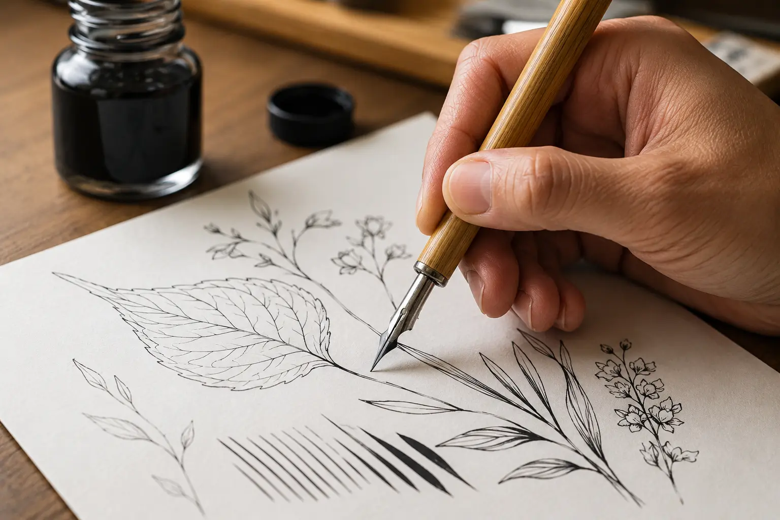 Artist using a bamboo drawing pen with metal nib to create varied black ink linework