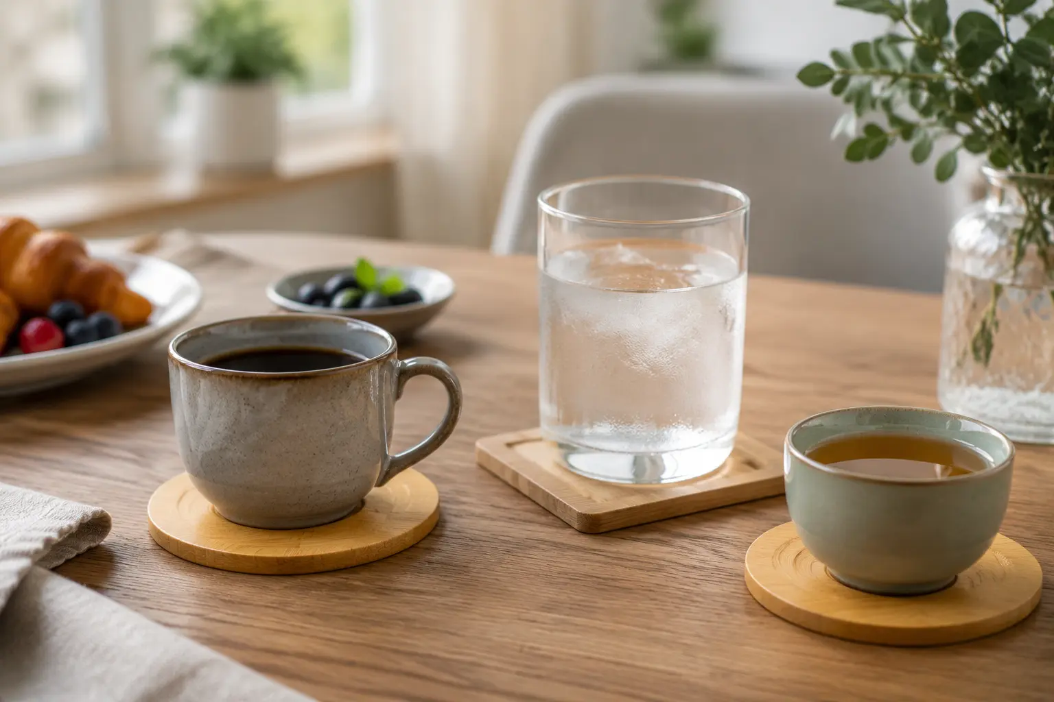 Bamboo drink coasters used with coffee, cold water and tea cups