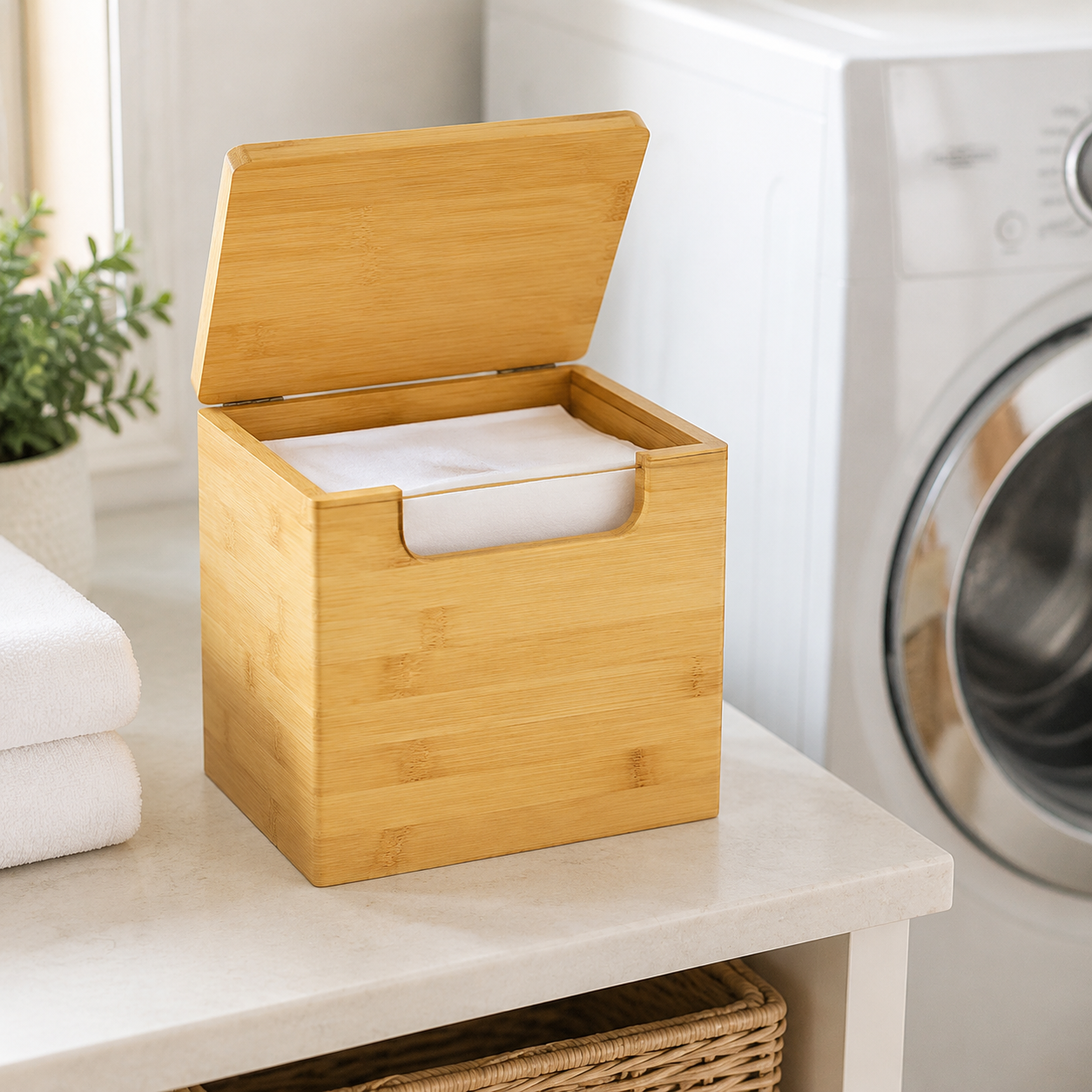 Dryer sheet holder with open lid shown beside a washing machine
