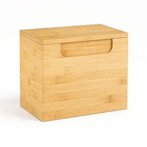 Bamboo dryer sheet holder with lid in natural bamboo finish on a white background