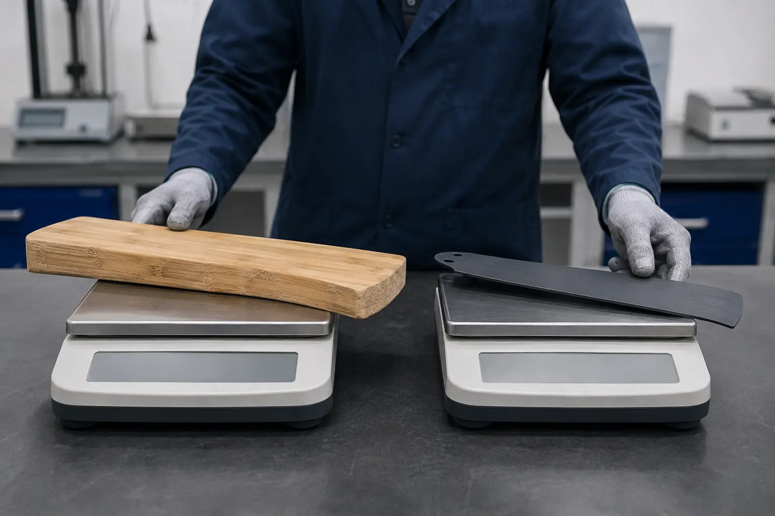 Laboratory scale comparing a thick solid bamboo blade blank with a lightweight engineered fan blade