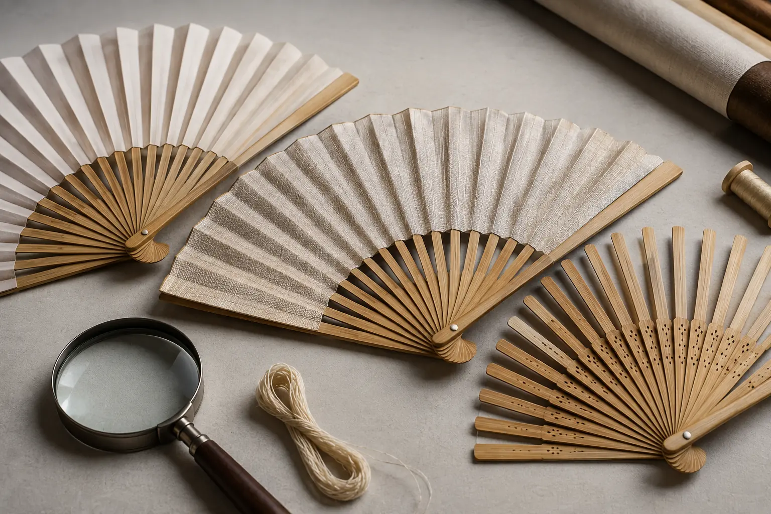 Paper, silk-like textile and bamboo rib samples used in folding hand fans
