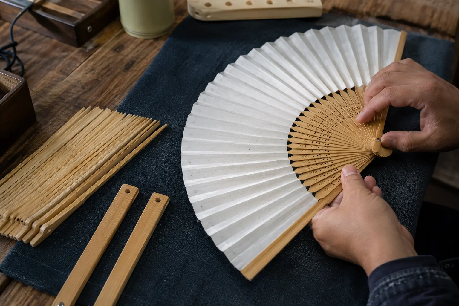 Close view of shaped bamboo fan staves ribs guard sticks and pivot craftsmanship