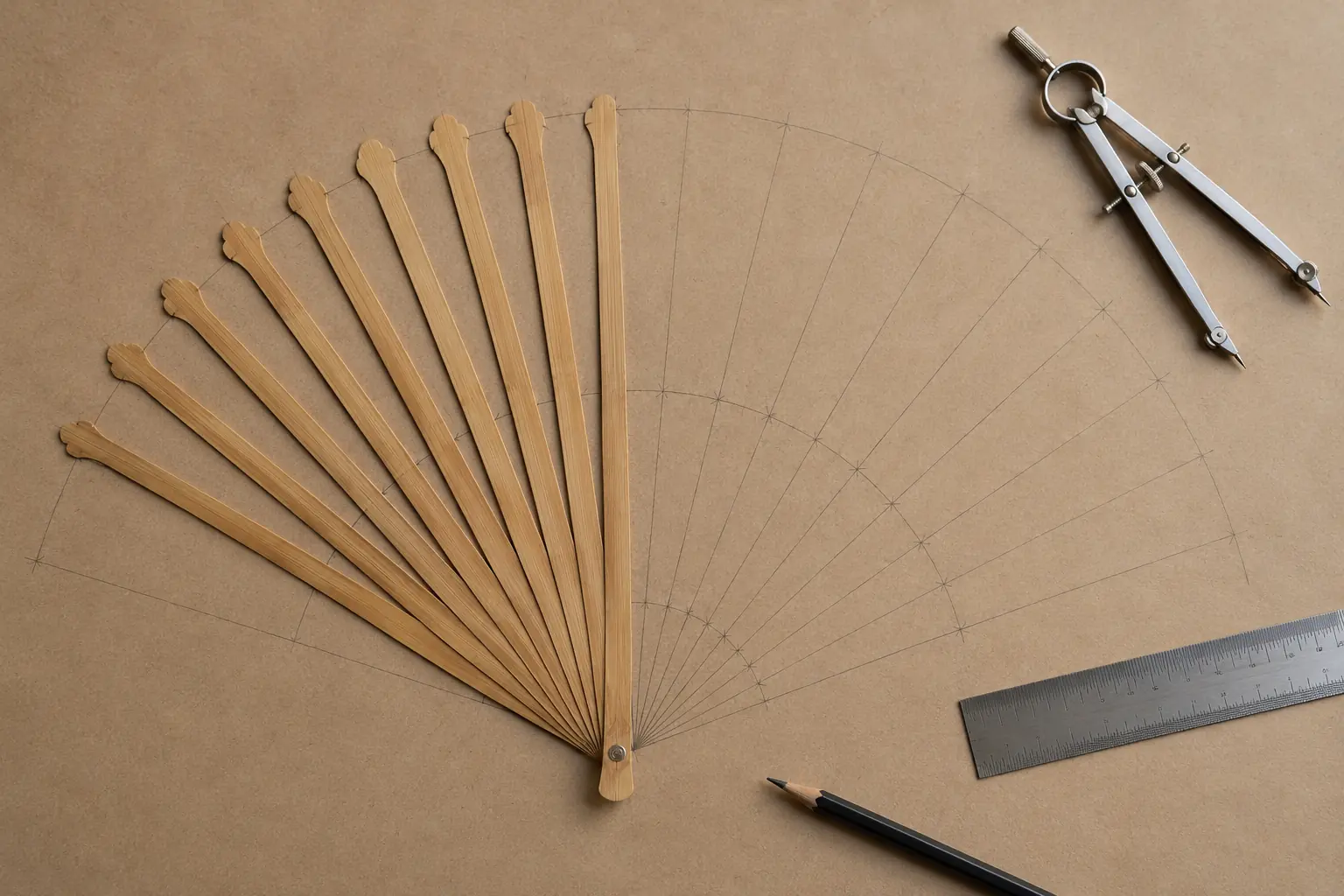 Bamboo hand fan template with pivot point, inner and outer arcs and evenly spaced stave lines