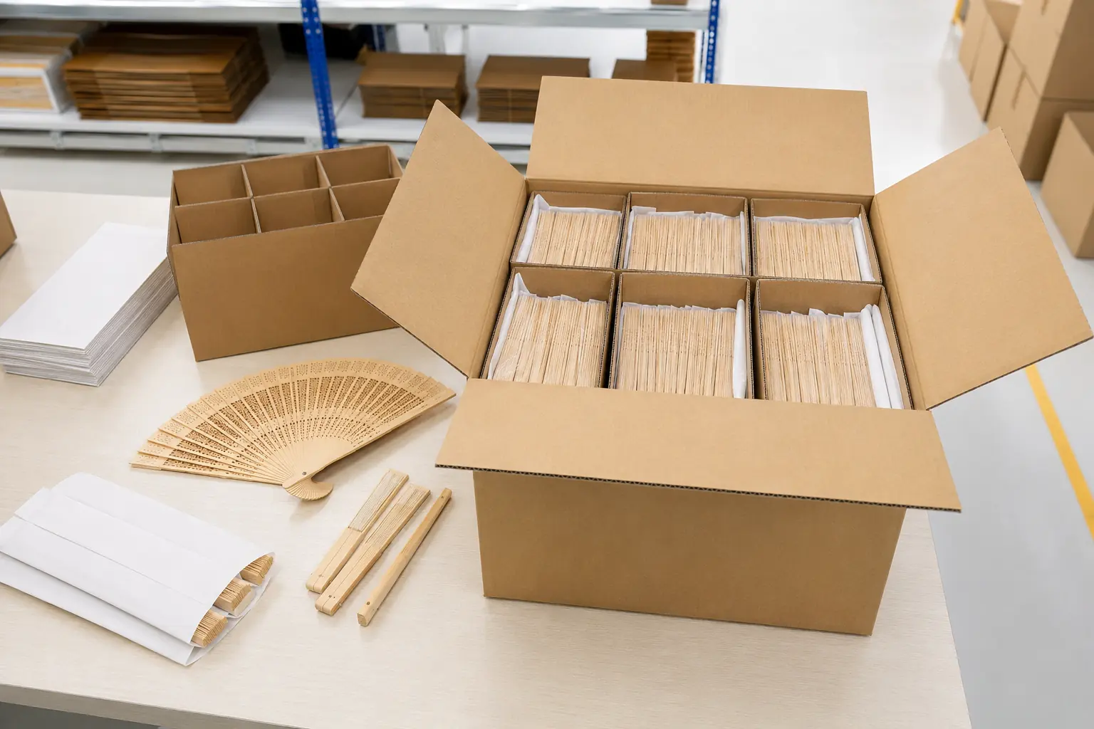 Bamboo fans packed in individual sleeves and gift boxes for events and retail