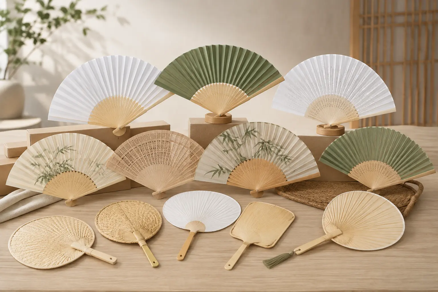 Assorted custom bamboo hand fans arranged for a wholesale buyer presentation