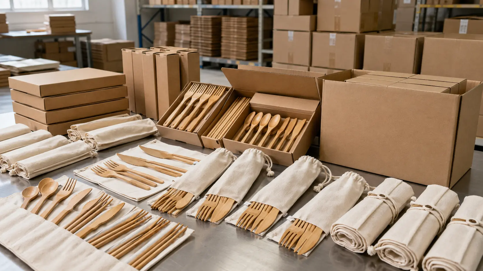 Bamboo flatware bulk packaging with cotton pouches kraft boxes and export cartons