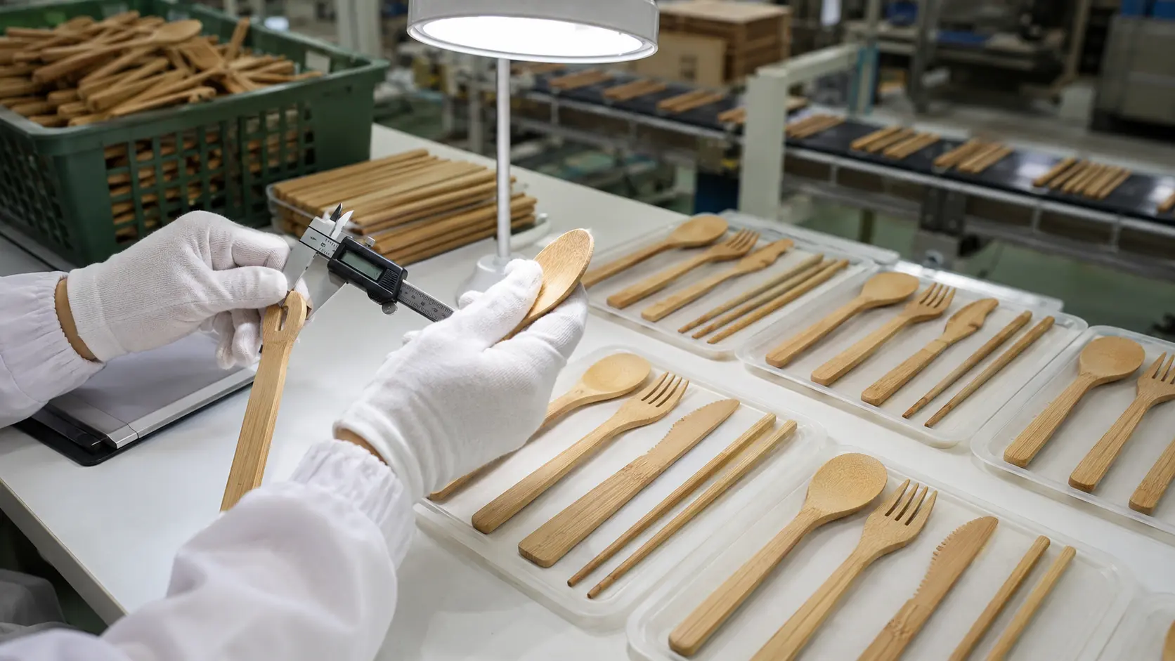 Bamboo flatware quality inspection checking dimensions surfaces edges and set completeness