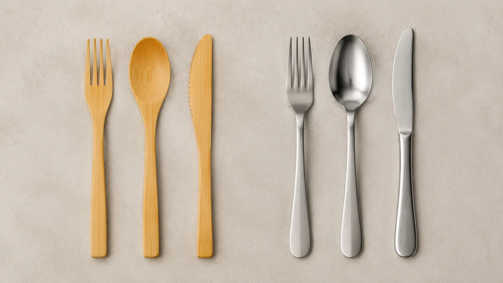 Bamboo and metal flatware compared by material construction and intended use