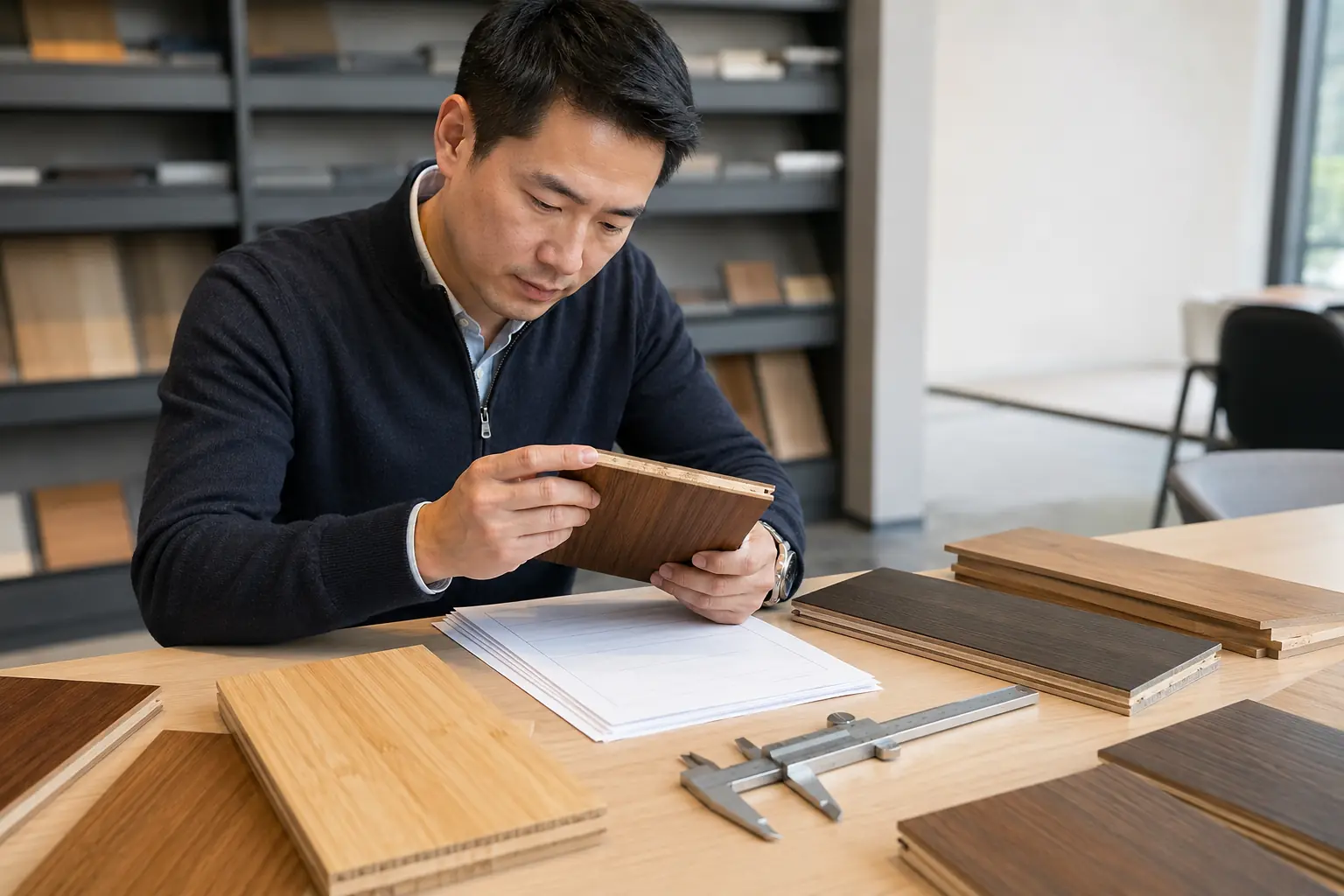 Wholesale buyer comparing bamboo flooring samples and specifications