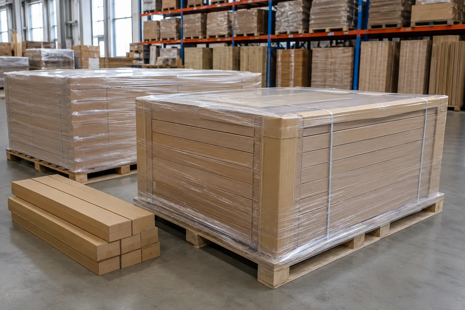 Bamboo flooring export packaging with protected pallet loads