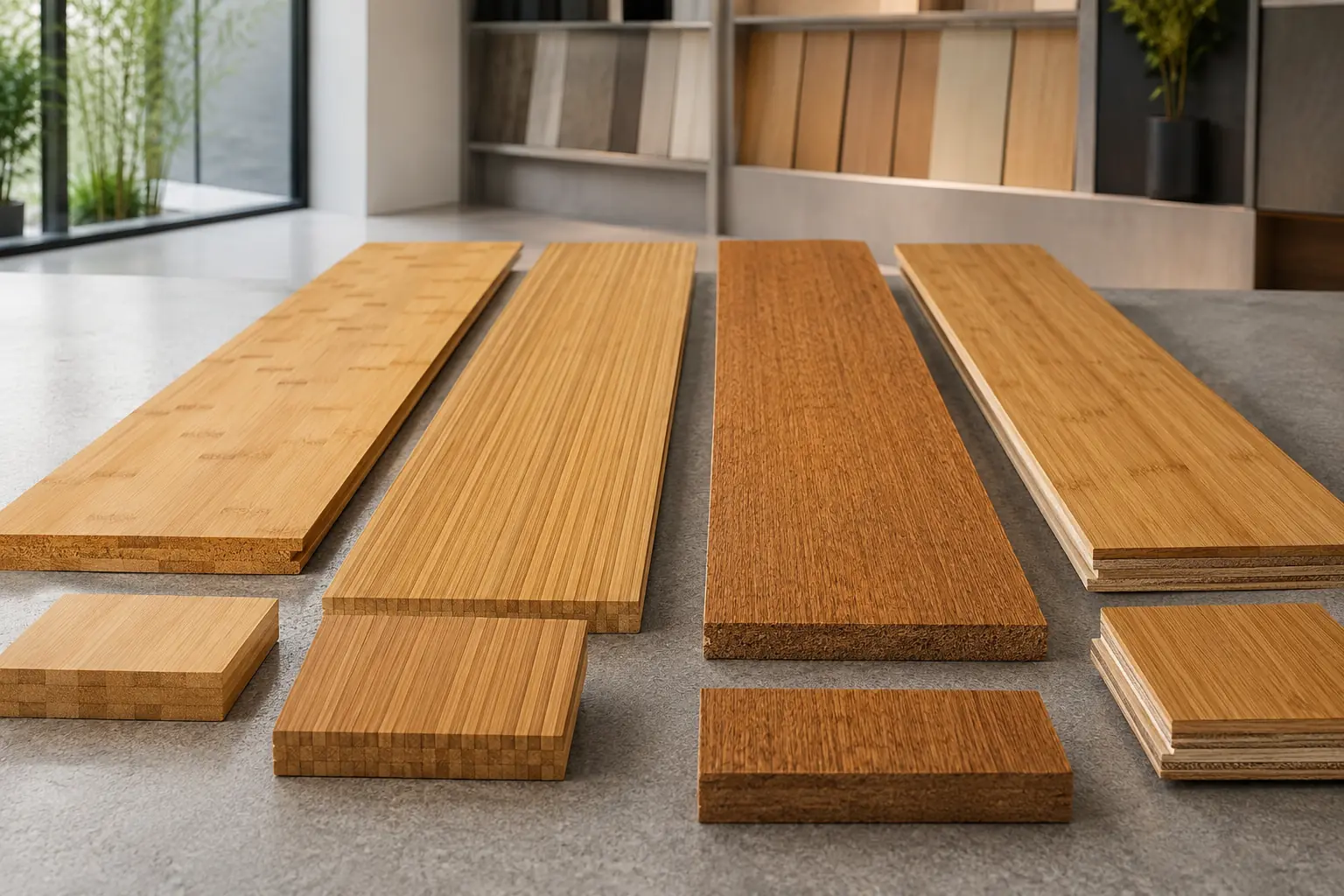Bamboo flooring manufacturers guide showing multiple flooring constructions and finishes