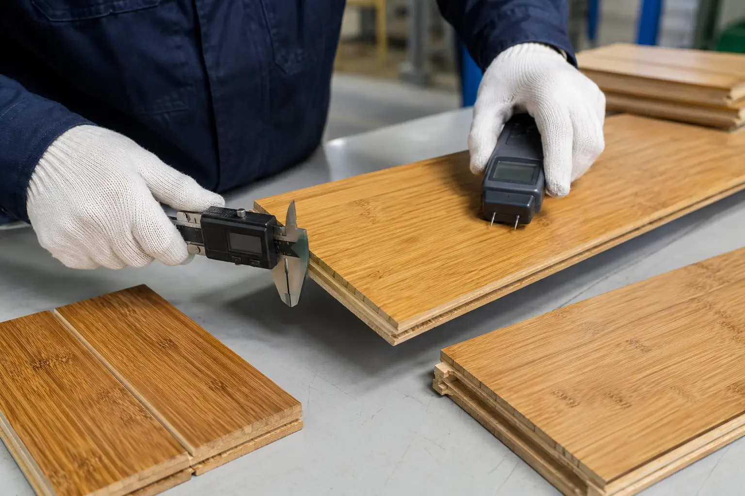 Quality inspection of bamboo flooring dimensions and moisture