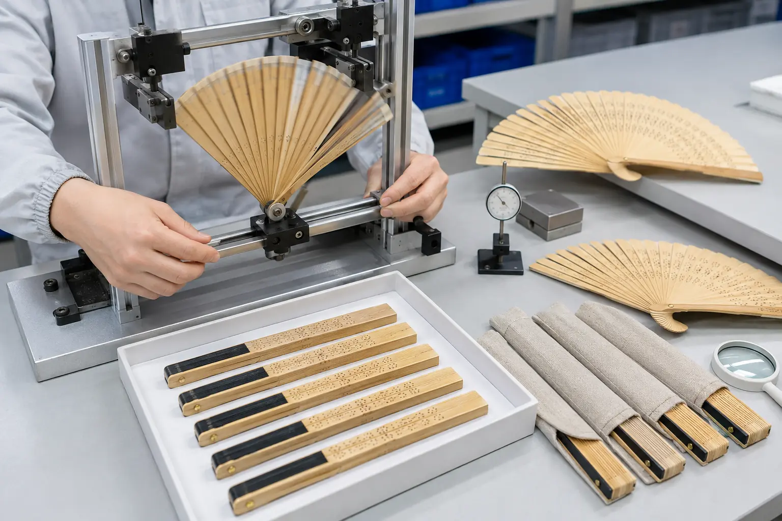 Inspector checking bamboo folding fan pivot alignment leaf folds and printed design
