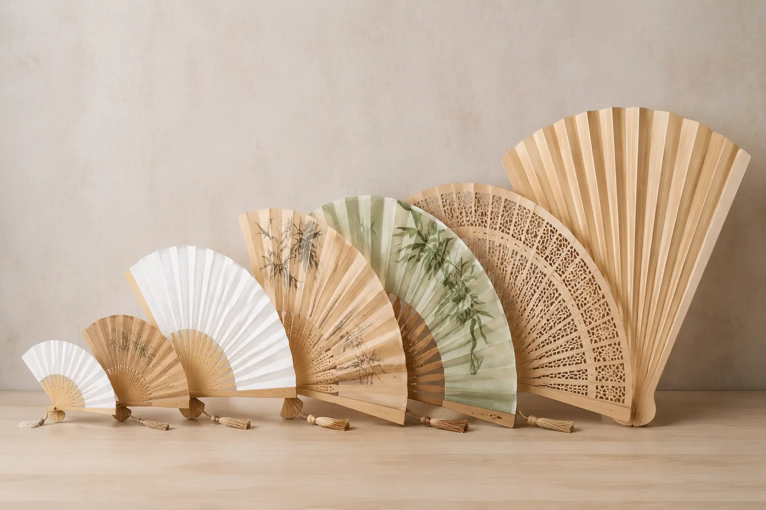 Open bamboo folding fans with paper and fabric leaves displayed on a design table